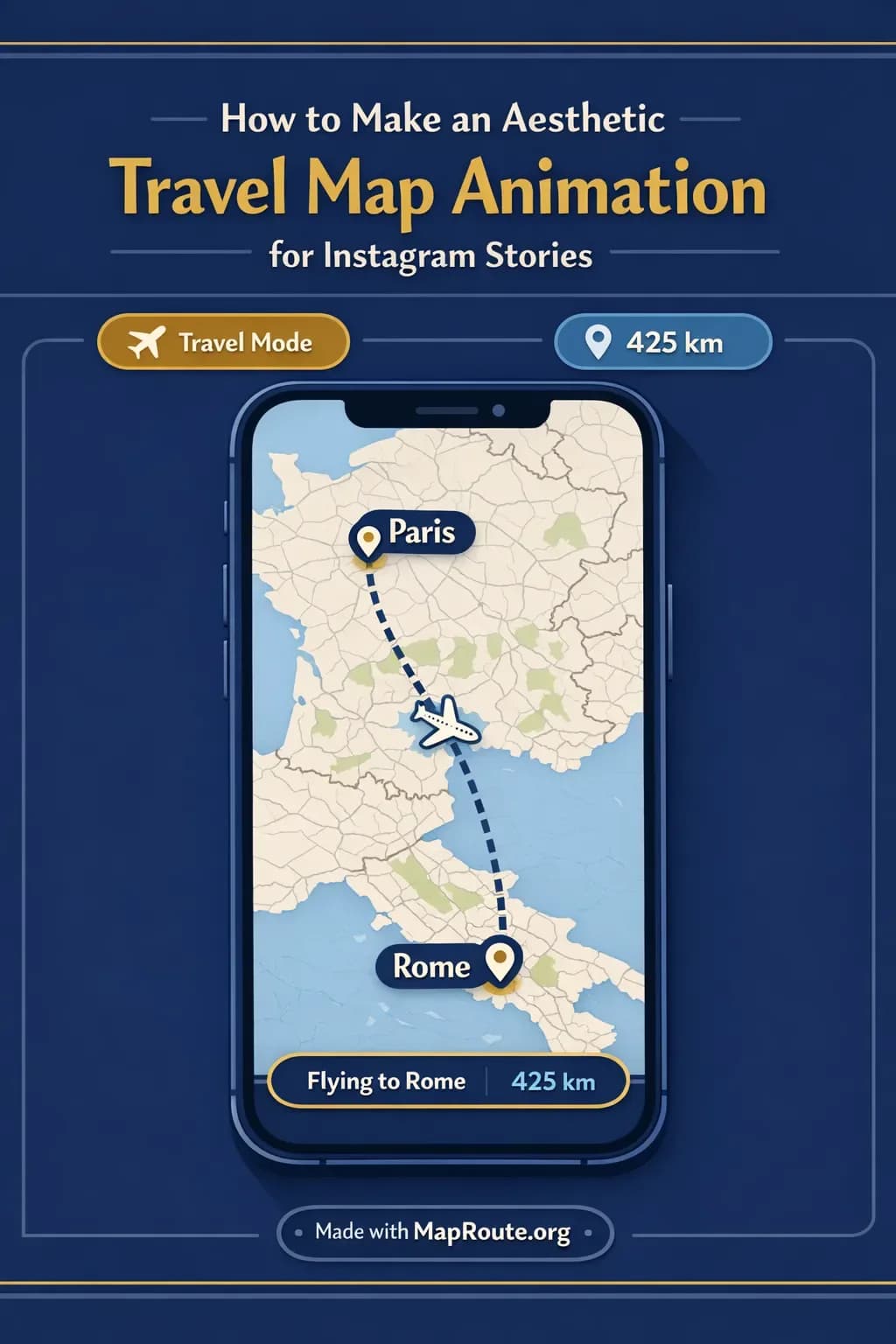 Vertical smartphone screen showing a stylized travel map animation between two cities