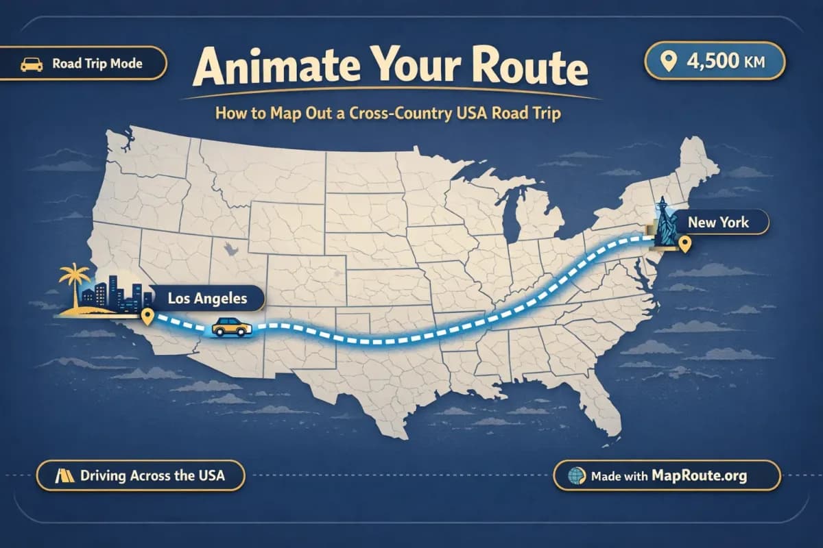 Animated road path of a cross-country USA road trip from New York to Los Angeles