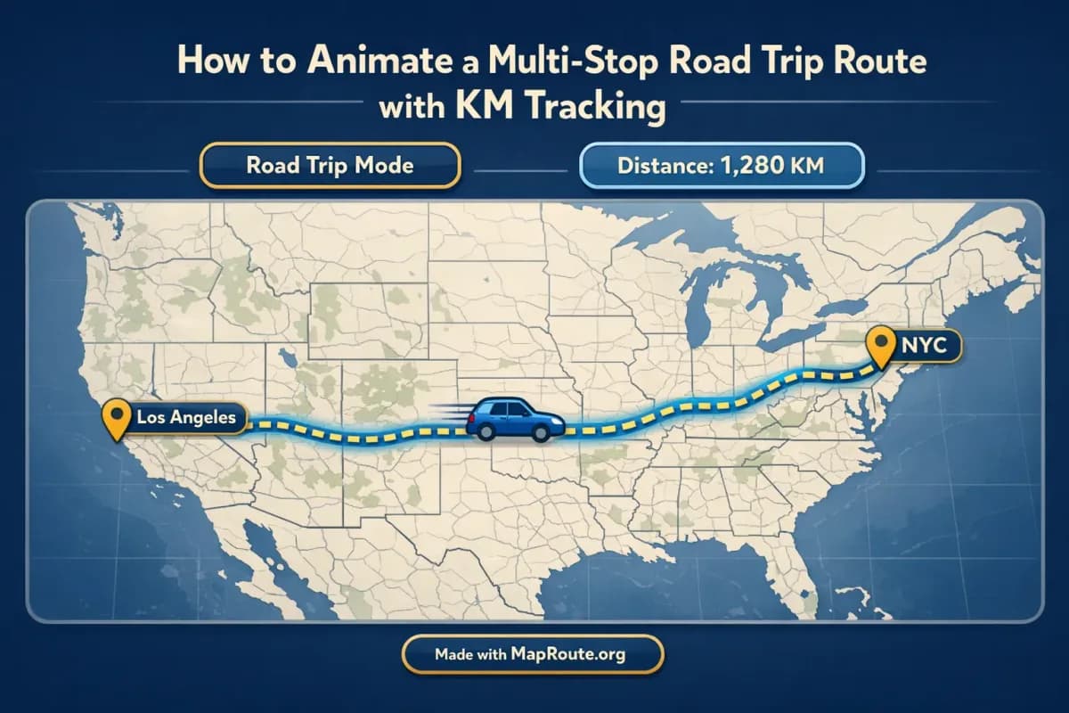 Animated road trip map showing a car icon moving along a highlighted road path with km tracking