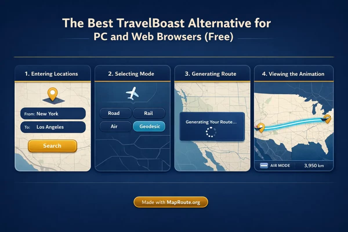 Animated travel line between two cities on a digital map interface