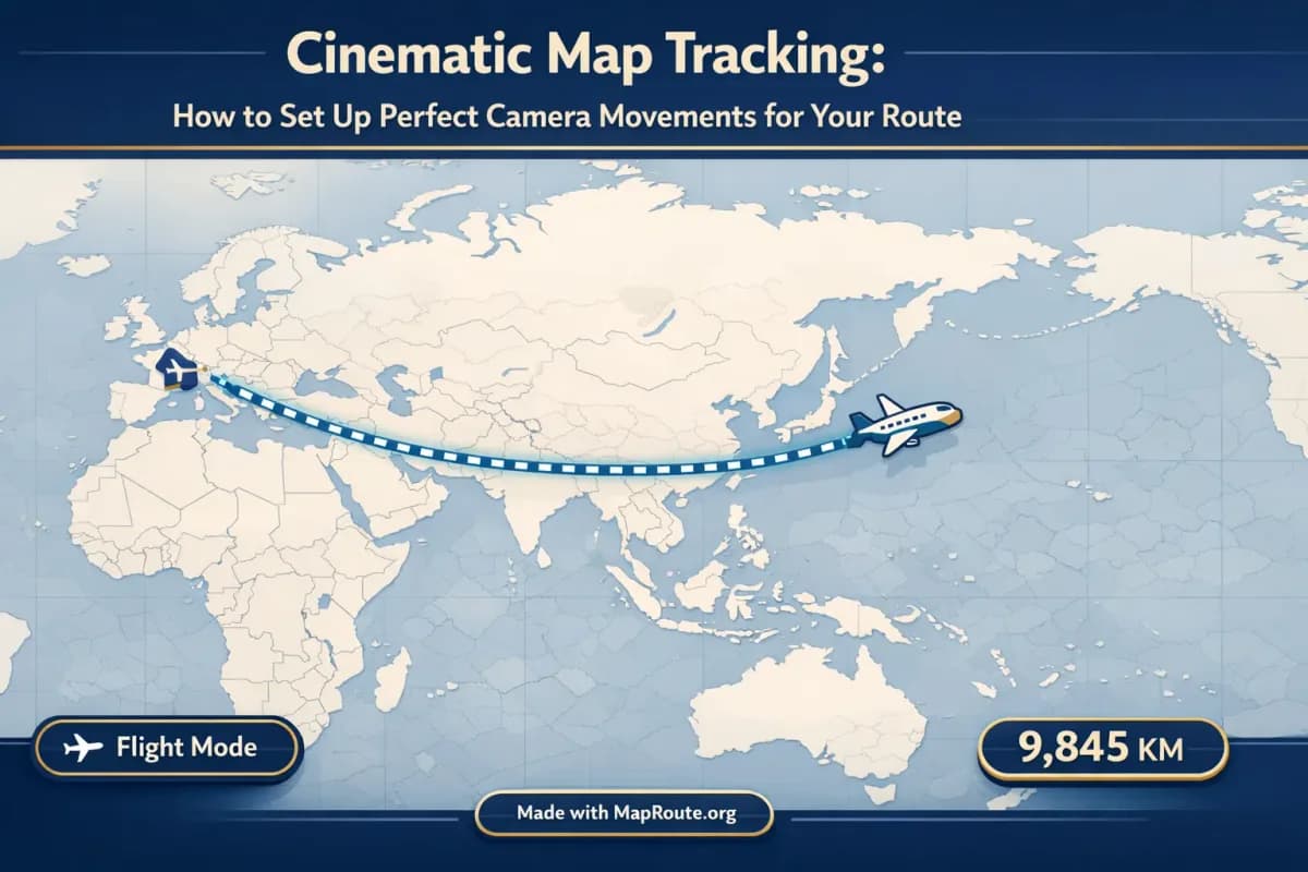 Cinematic map animation showing a route line with a moving marker across a world map