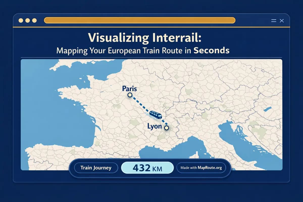 Browser window with an animated rail route from Paris to Lyon