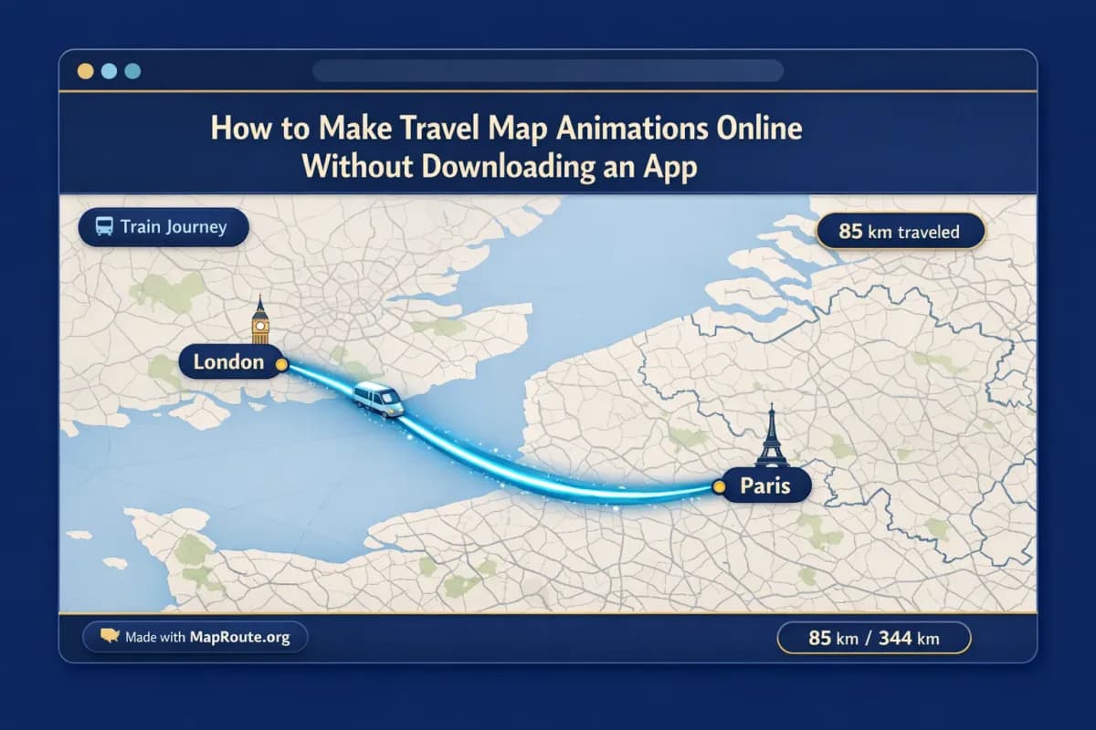 Browser window showing an animated travel route line moving across a world map