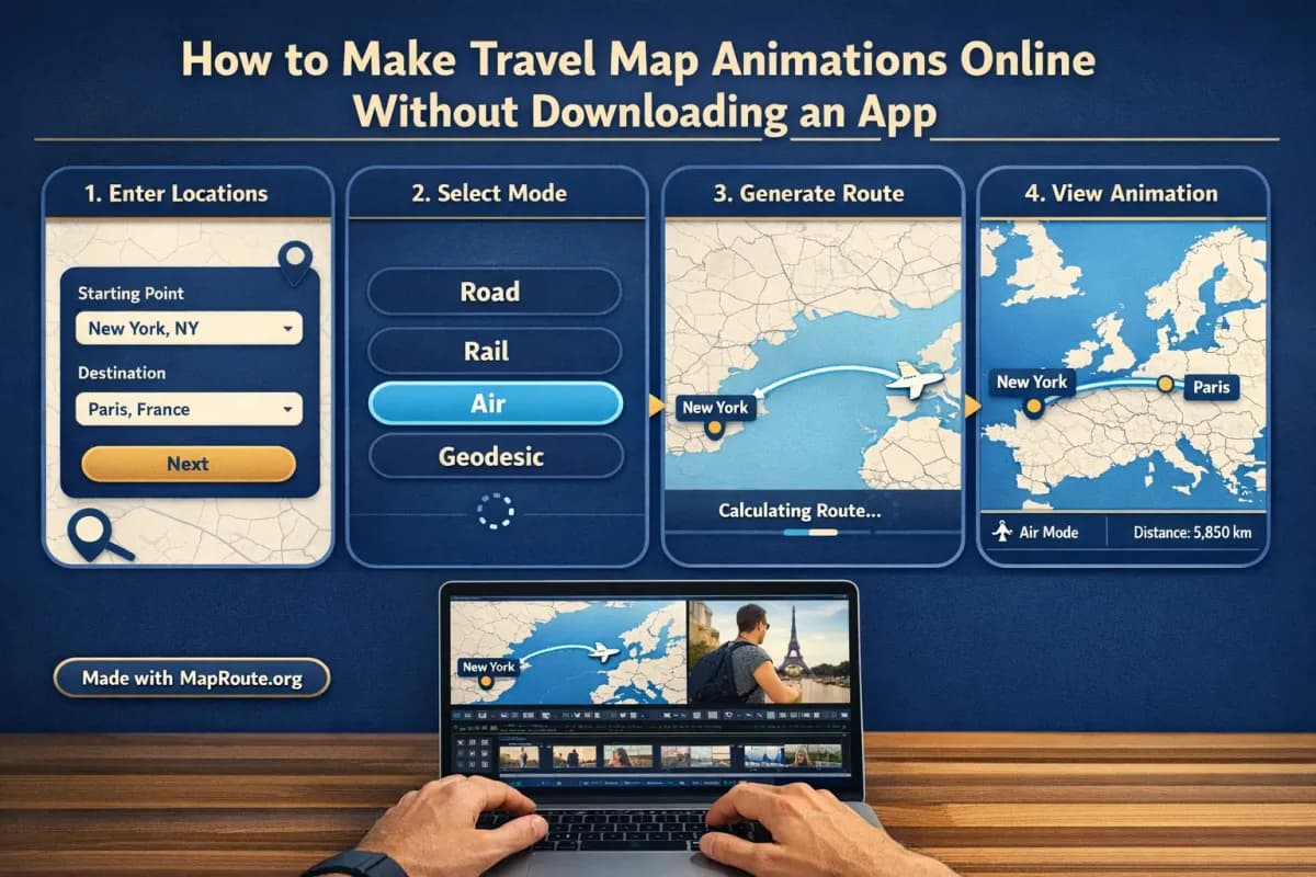 Creator editing a downloaded map animation clip alongside travel vlog footage on a laptop