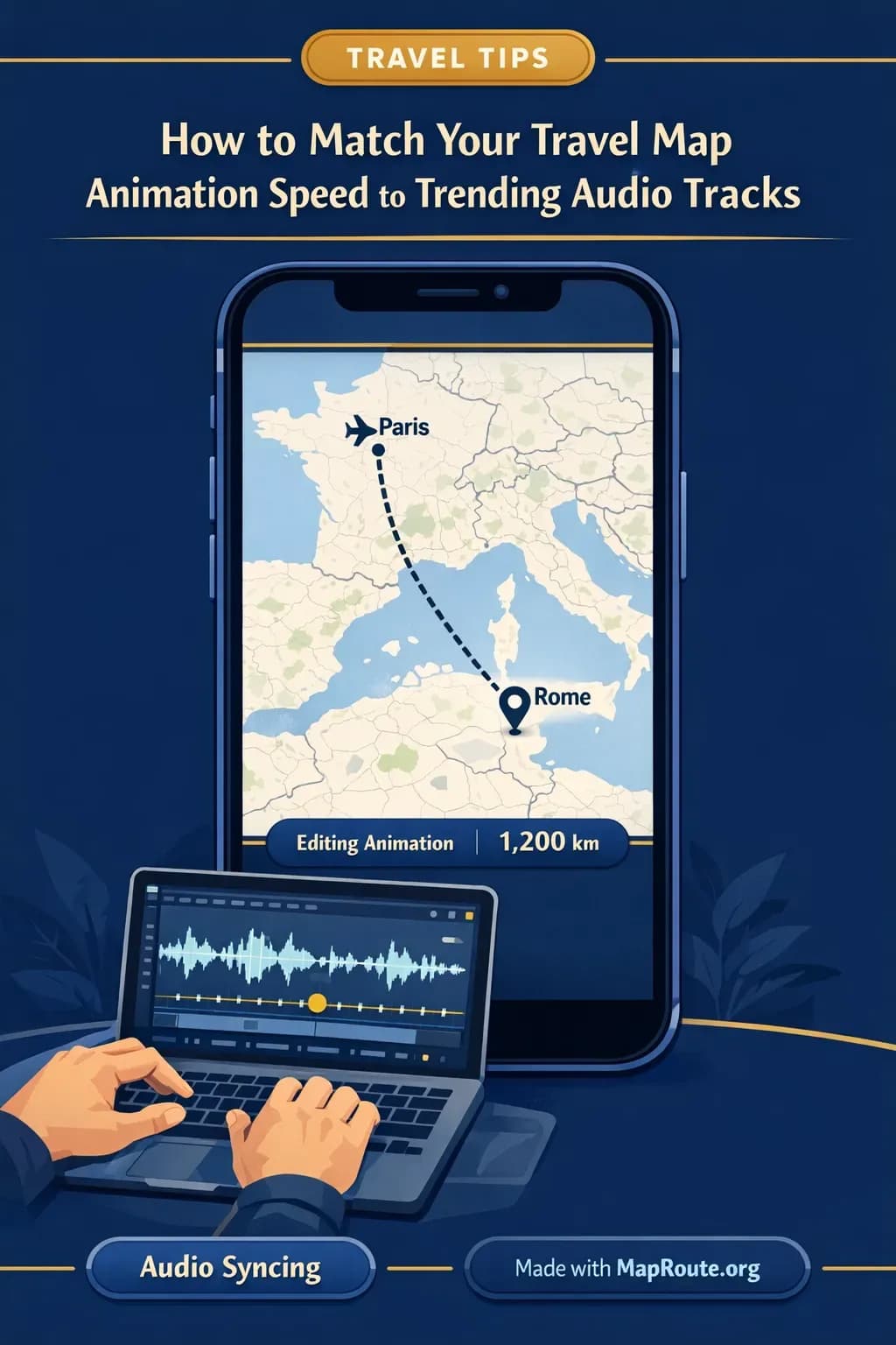 Creator editing a travel map animation to match a trending audio waveform on a laptop screen