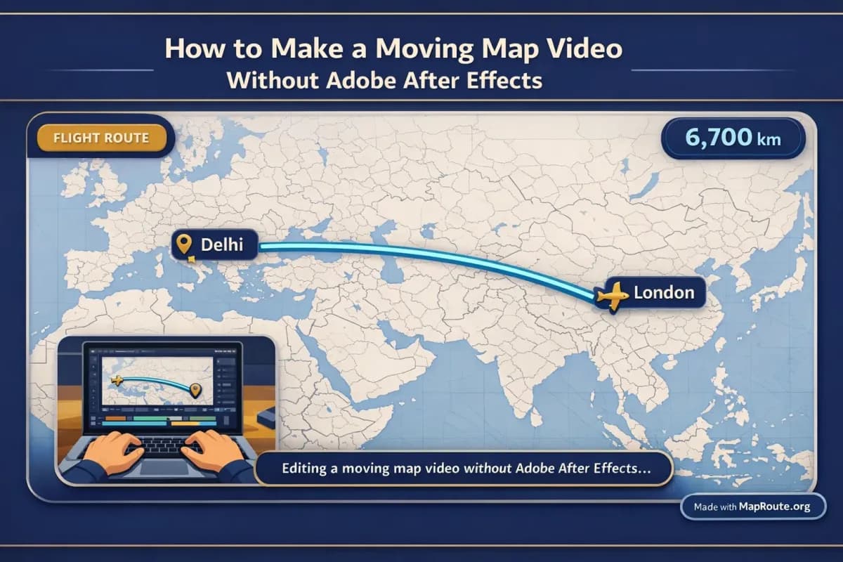 Creator editing a moving map travel video on a laptop without Adobe After Effects