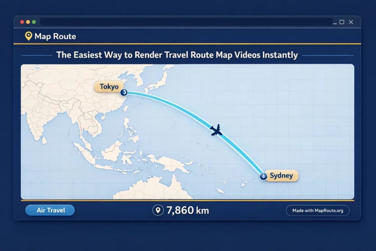 Browser window showing a travel route map animation between two cities