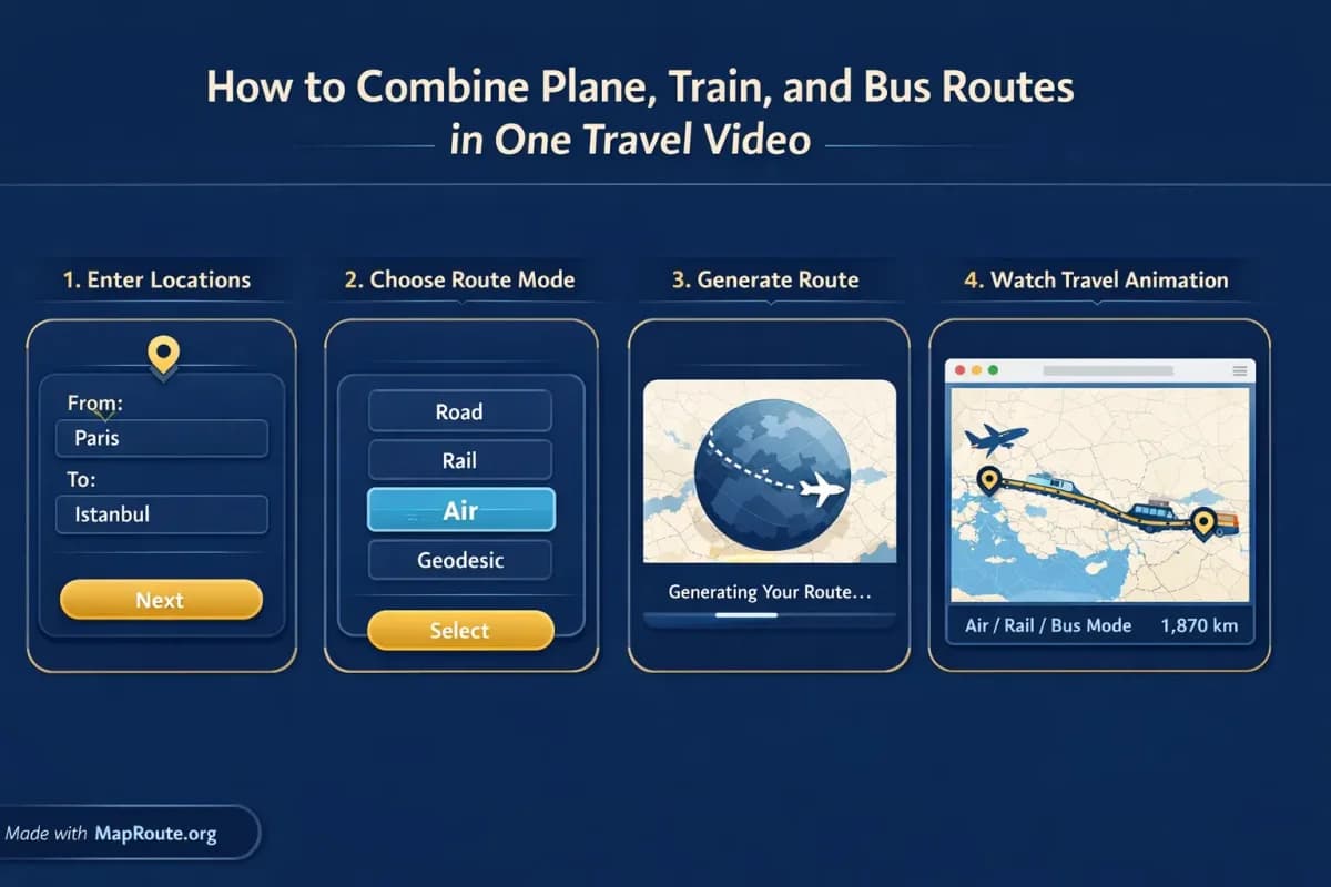 Browser window showing a travel map animation between two cities
