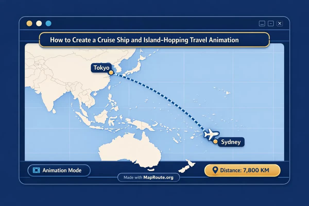 Browser window with a travel map animation between two coastal cities