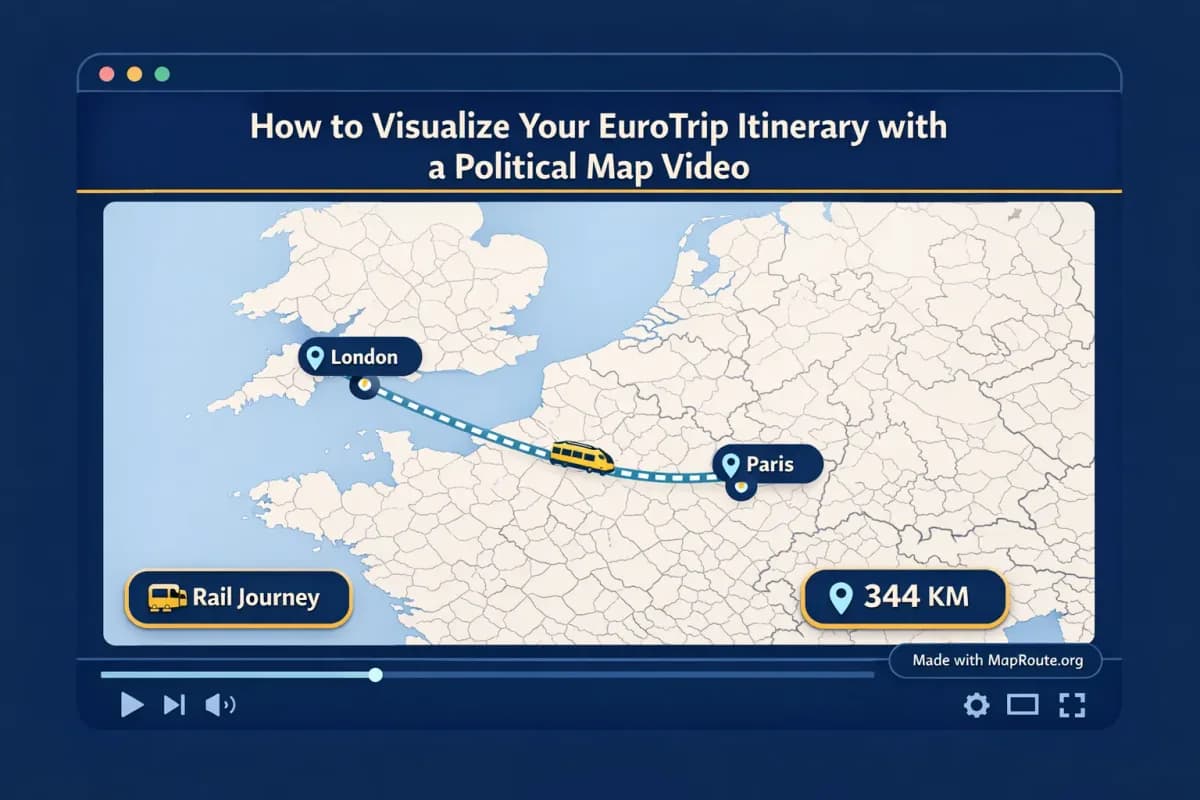 Browser window with Map Route rail animation between two European cities
