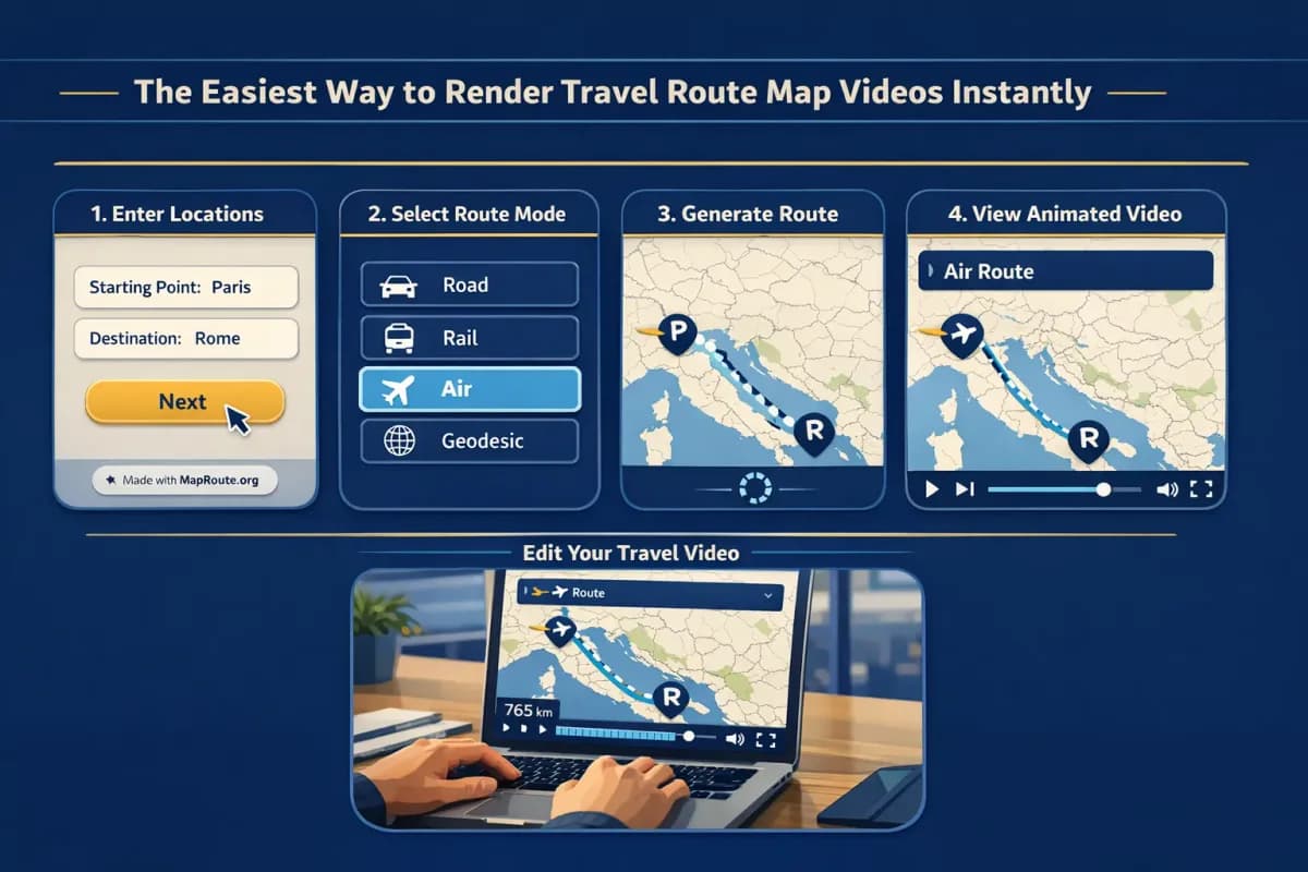 Creator editing a downloaded travel route video clip on a laptop